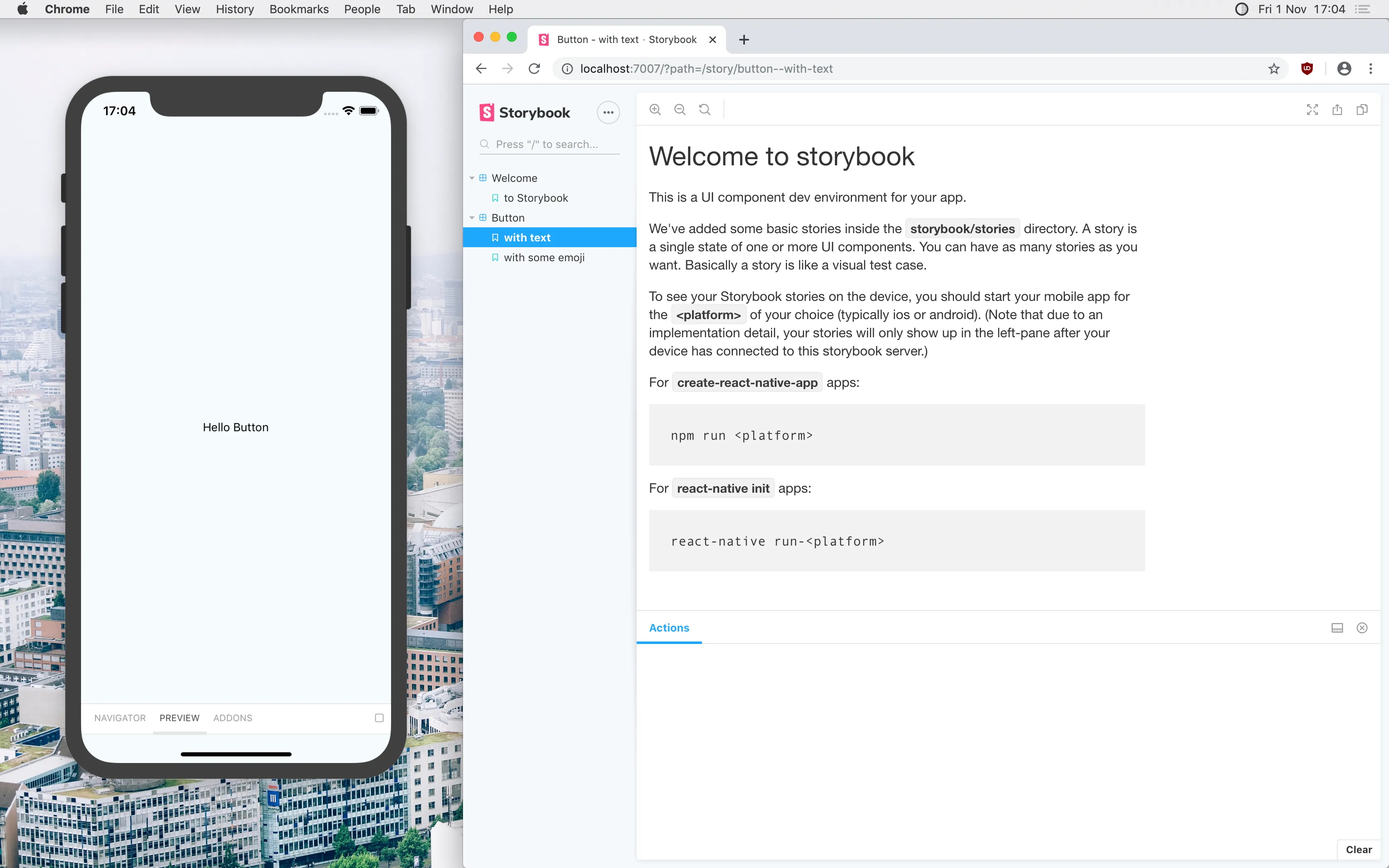A simulated iPhone and a web browser, both running Storybook