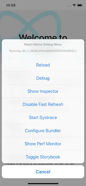 A simulated iPhone showing the dev menu which includes a 'Toggle Storybook' button